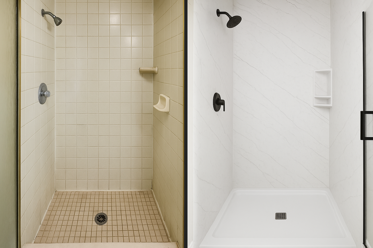 A highresolution welllit beforeandafter split image or sidebyside comparison of a shower to shower conversion  One outdated and the other beautifully remodeled with LuxStone solid shower wall panels Do not put the text Before and fter in the photo-1