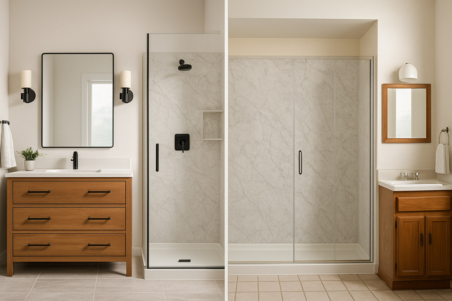 ide-by-side comparison of a Colorado bathroom remodel—full renovation versus wet space update featuring modern shower walls, vanity, and natural lighting.