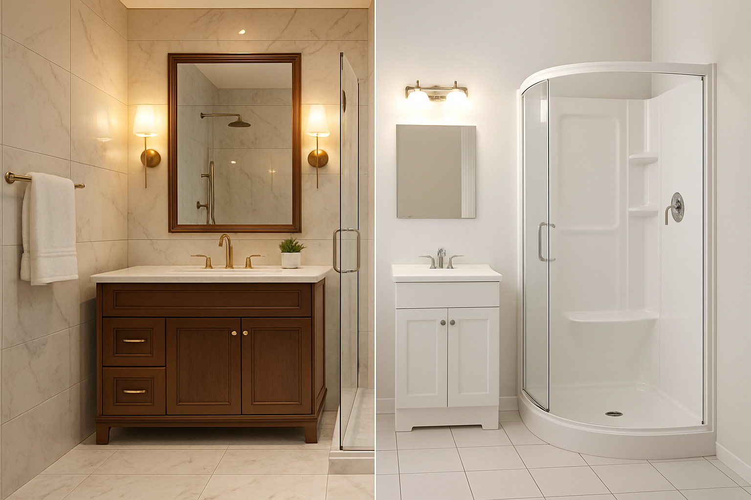 Side-by-side image comparing a luxury bathroom remodel with premium materials and a budget remodel with standard fixtures, illustrating design and cost differences.
