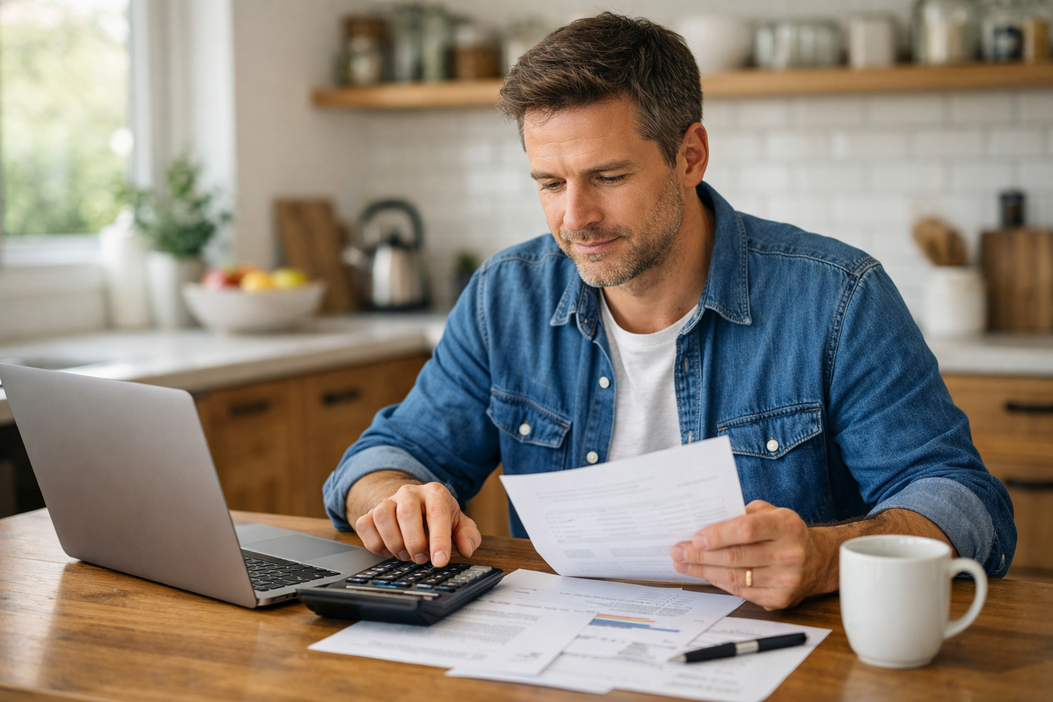 Simple visual concept image homeowner reviewing finances at a kitchen table with laptop paperwork or calculator calm and focused