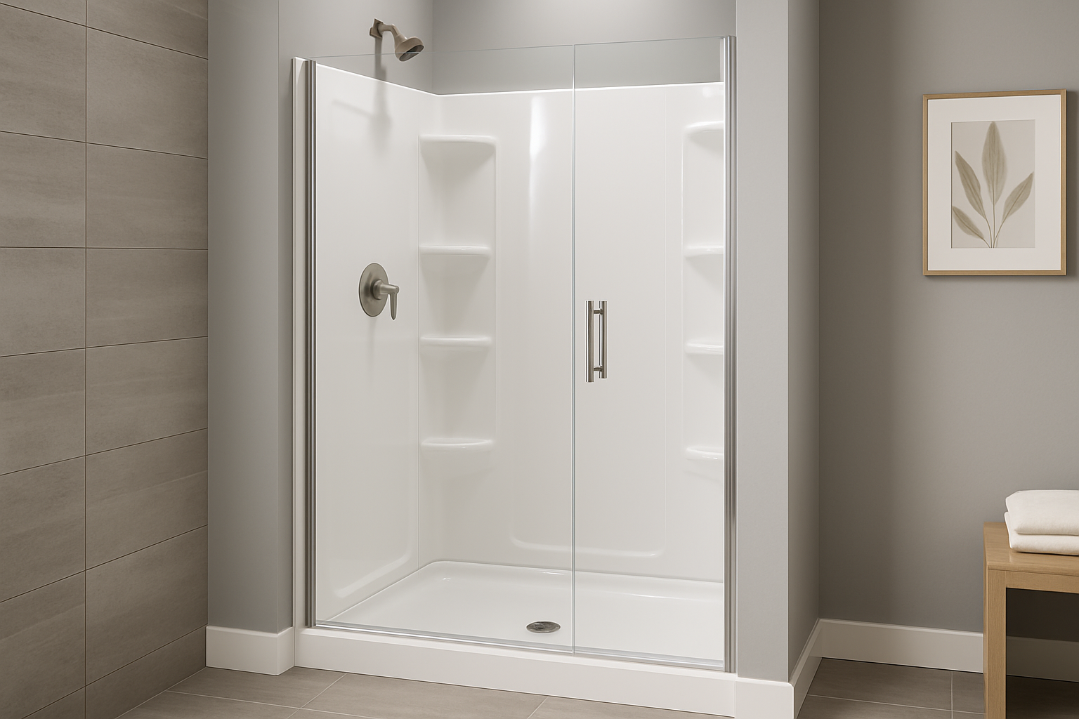 White acrylic plastic shower stall with built-in corner shelves and a curved shower base, shown as a standard prefabricated shower unit.