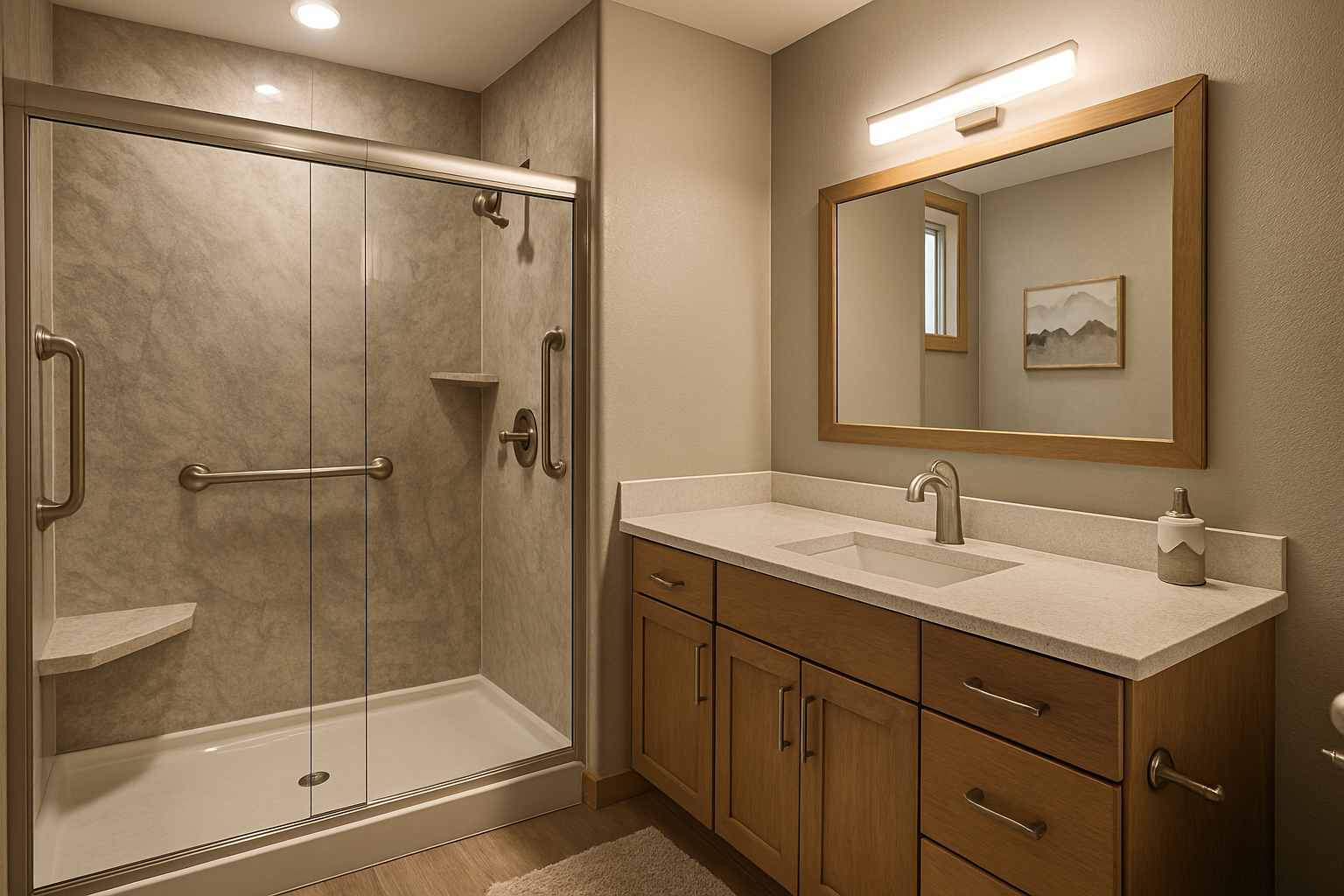 A beautiful Colorado Metroa area bathroom remodel with LuxStone walk-in shower, vanity and mirror.