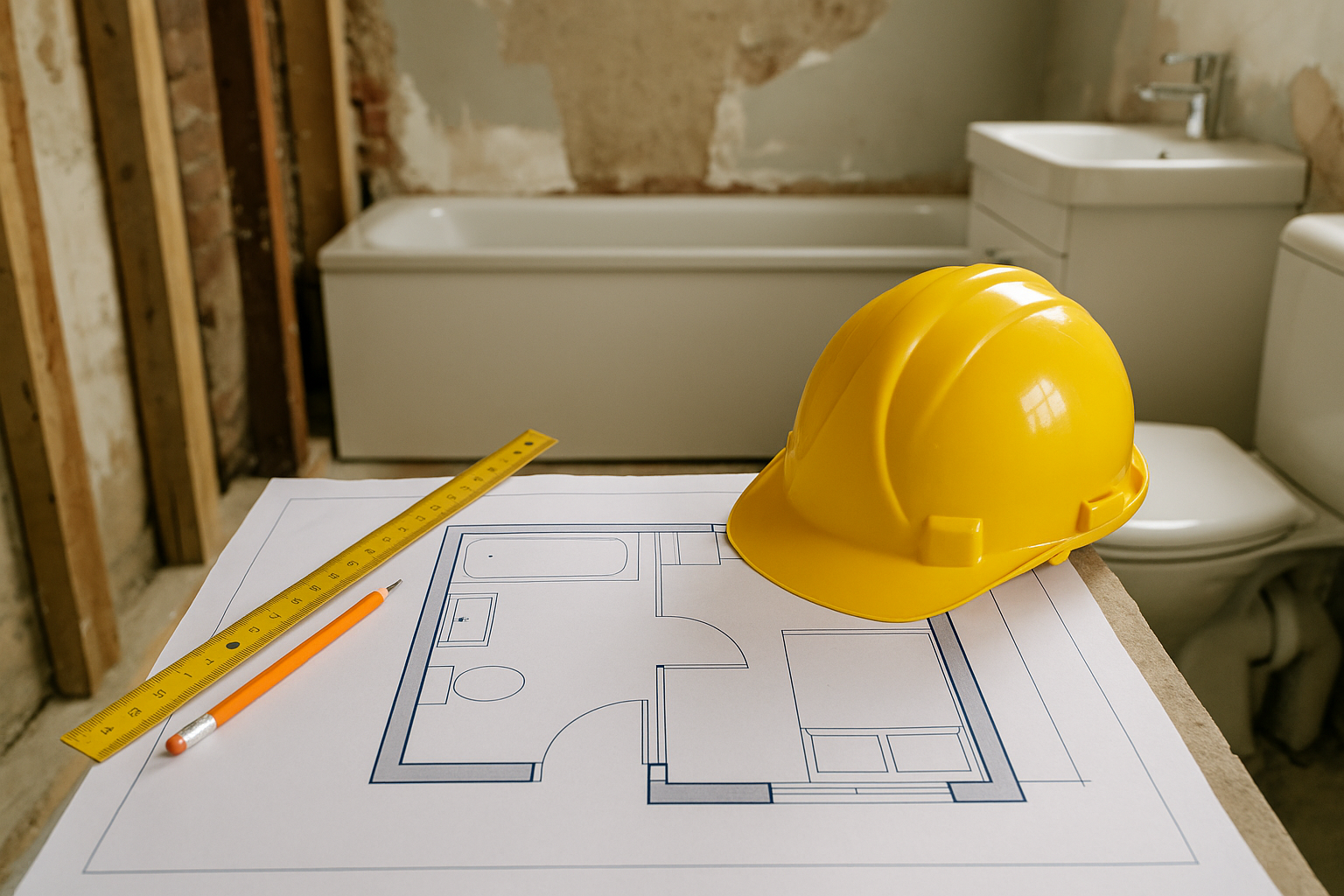 Bathroom remodel in progress with blueprint, hard hat, and construction tools in Denver, Colorado