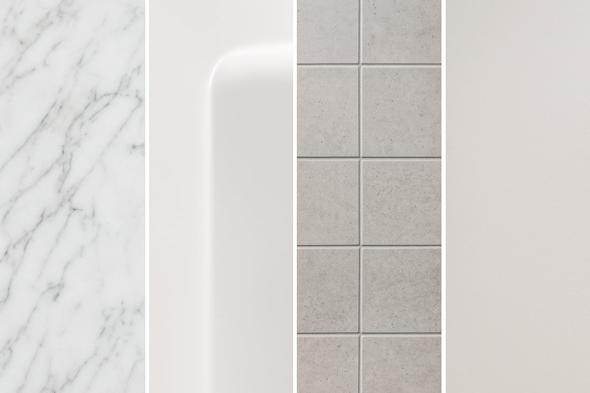 This image is a four panel landscape image broken up in four quadrants The first quadrant is a picture of LuxStone shower material showing its texture and look of marble the second is a picture of an acrylic shower up close showing its material smno-1