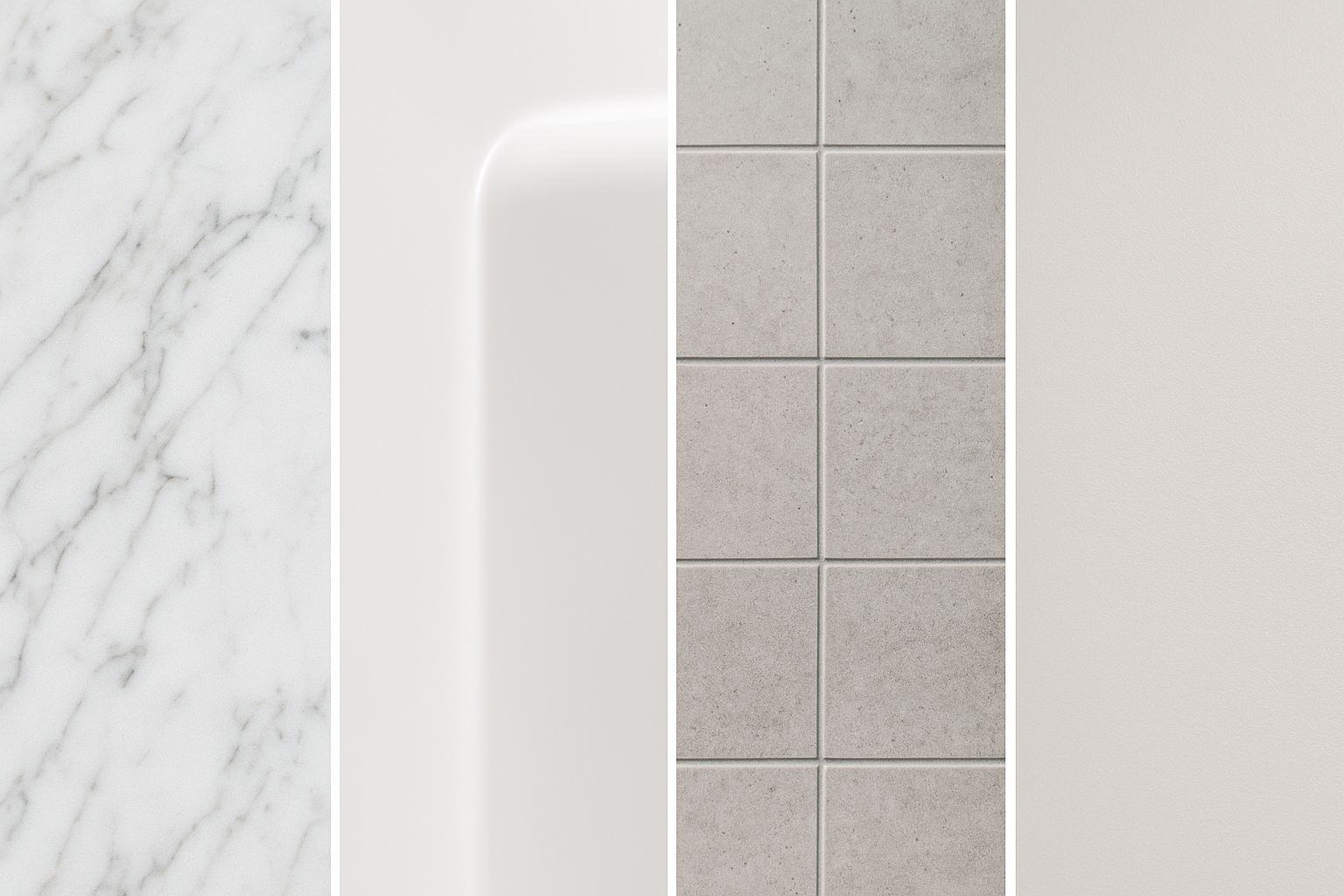 An image showing four different popular shower materials, LuxStone, Acrylic, Fiberglass, and tile.