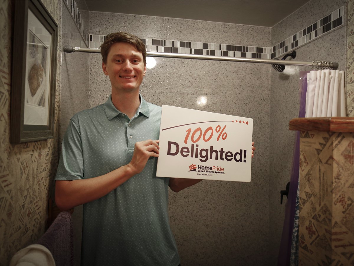 First-time homeowner bathroom remodel in Broomfield, Colorado with a new KOHLER walk-in shower replacing an outdated fiberglass tub