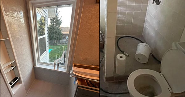 Side-by-side comparison of a poorly done handyman bathroom remodel versus a high-quality licensed craftsman bathroom remodel in a Colorado home