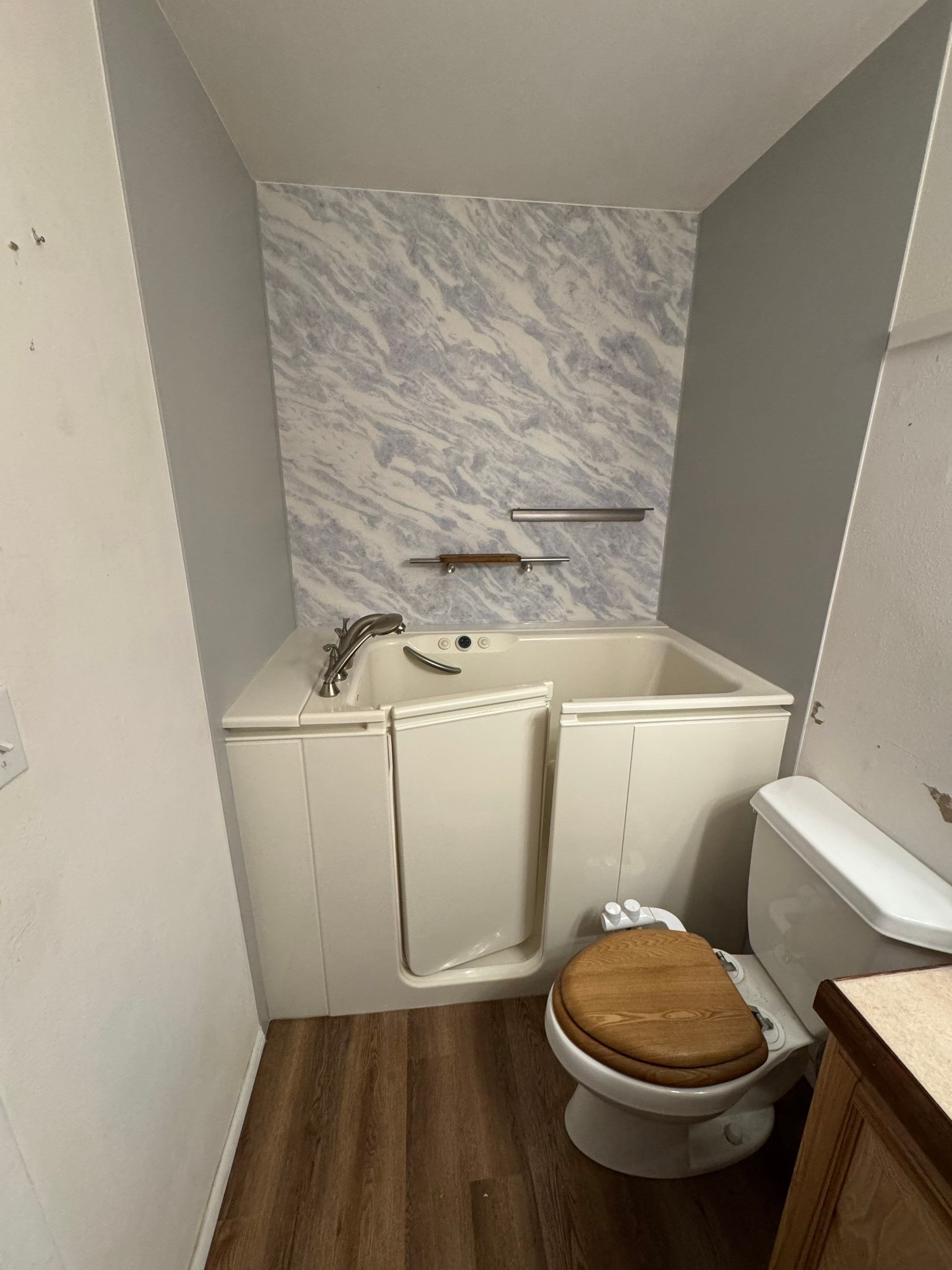 Walk-in tub installed in Pagosa Springs bathroom remodel on Davis Cup Drive, featuring low-entry access, molded wall panels, and updated flooring