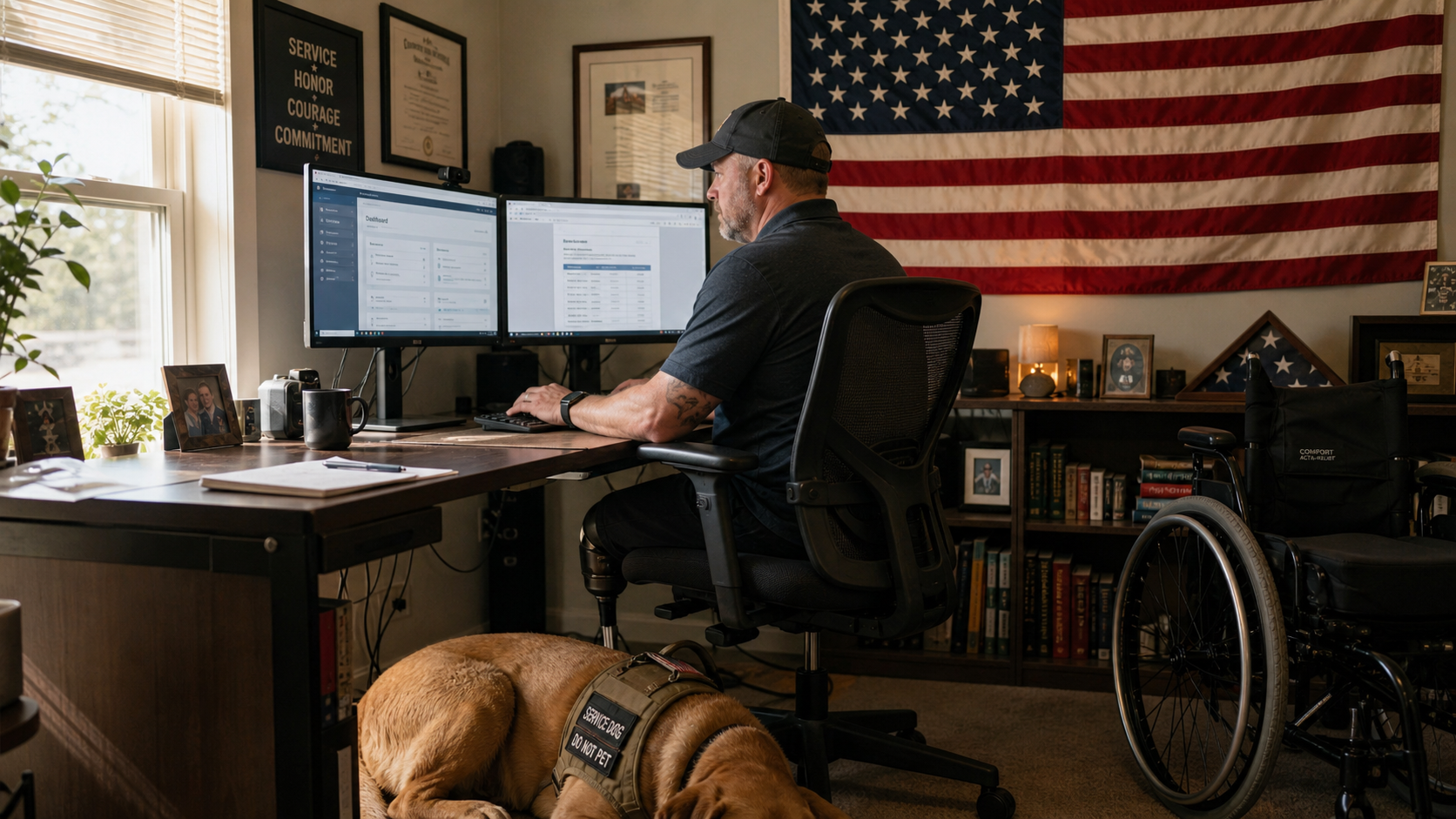 Disabled Colorado veteran with prosthetic leg teleworking at dual-monitor desk, wheelchair and service dog nearby, American flag on wall