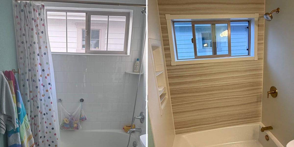 Small bathroom remodel in Denver, CO, before and after: white tile tub surround replaced with grout-free Reveal by KOHLER LuxStone walls and brass fixtures