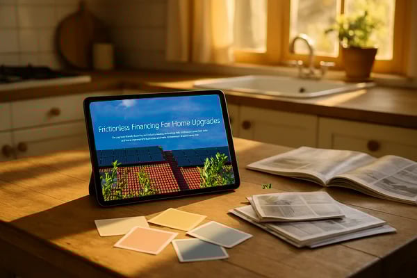 Tablet on a kitchen table displaying “Frictionless Financing for Home Upgrades,” surrounded by paint swatches, an open book, and natural sunlight.