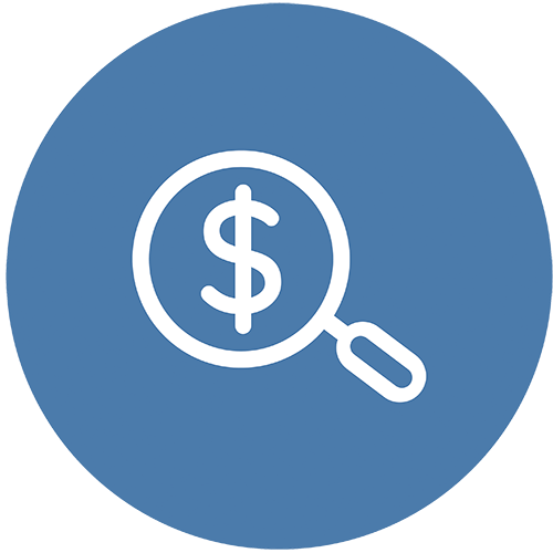 Transparent bathroom remodel pricing icon with magnifying glass and dollar sign