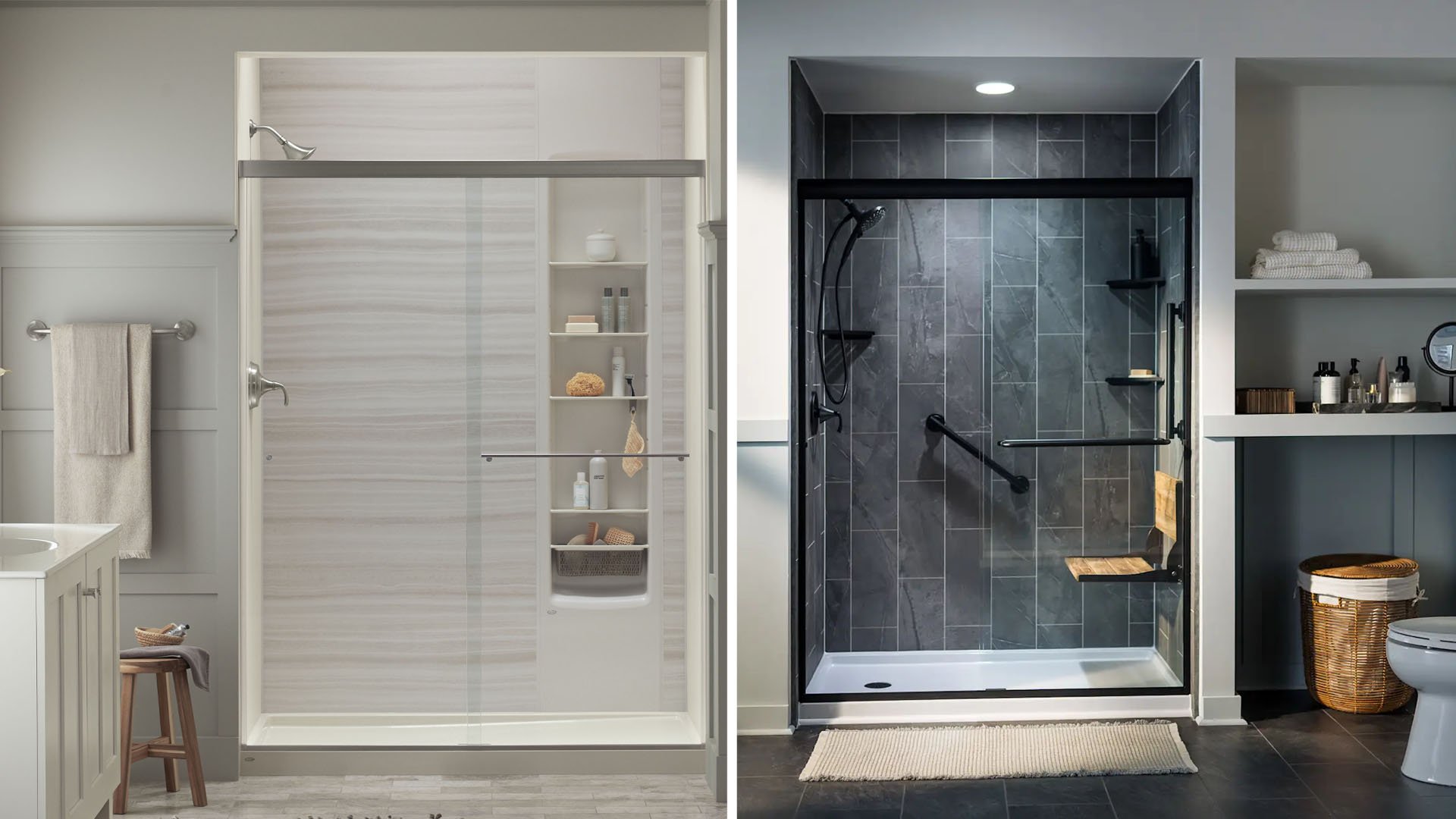 Side-by-side comparison of bathroom remodels completed by HomePride Bath and West Shore Home