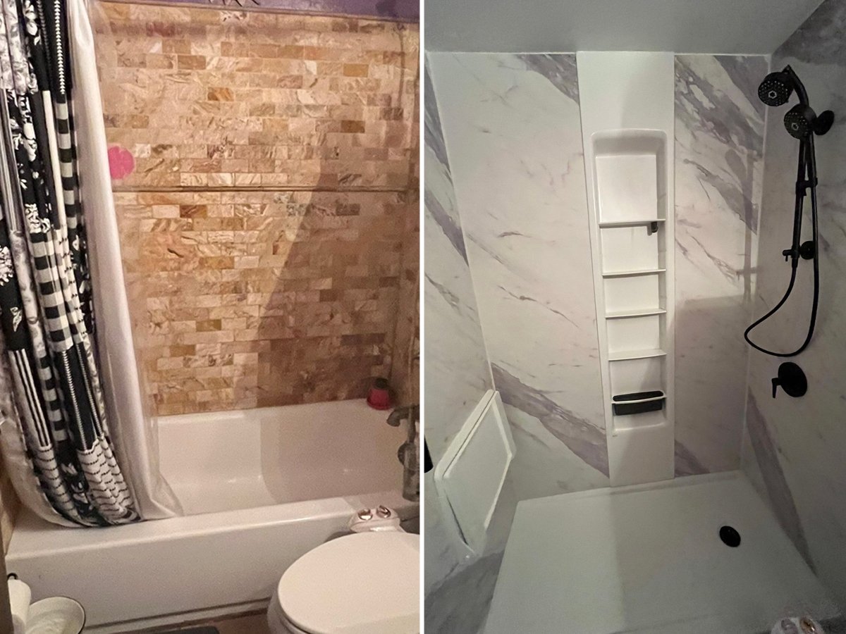 Before and after of a tub-to-shower conversion in Aurora, Colorado: a tiled bathtub replaced by a walk-in shower with marble-look walls, a fold-down seat, and matte black fixtures