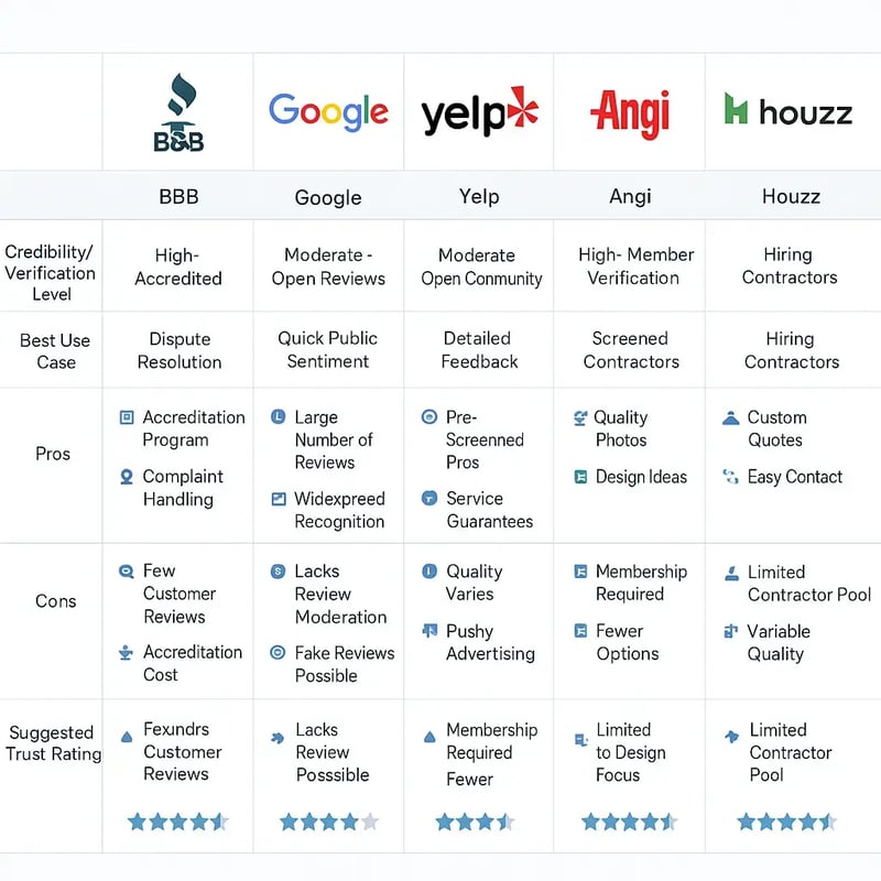 Horizontal comparison chart of contractor review sites: BBB, Google, Yelp, Angi, and Houzz, showing credibility, best use, pros, cons, and trust ratings.