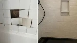 Side-by-side comparison of damaged shower tiles with mold exposure versus a seamless solid-surface shower wall in excellent condition.