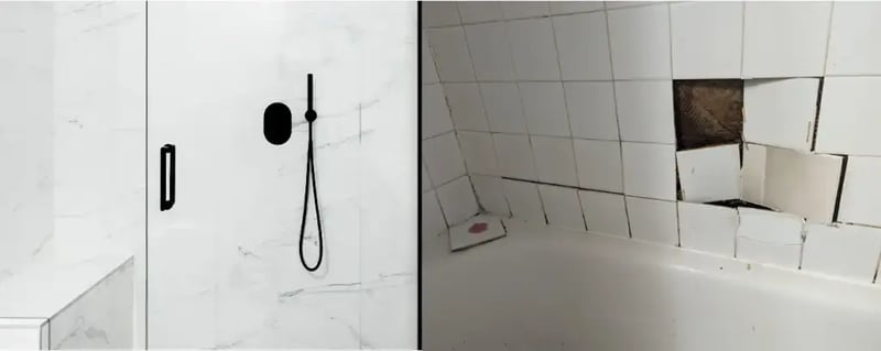 Side-by-side image comparing a clean, modern solid shower wall with a failing traditional tile shower wall featuring cracked and missing tiles.