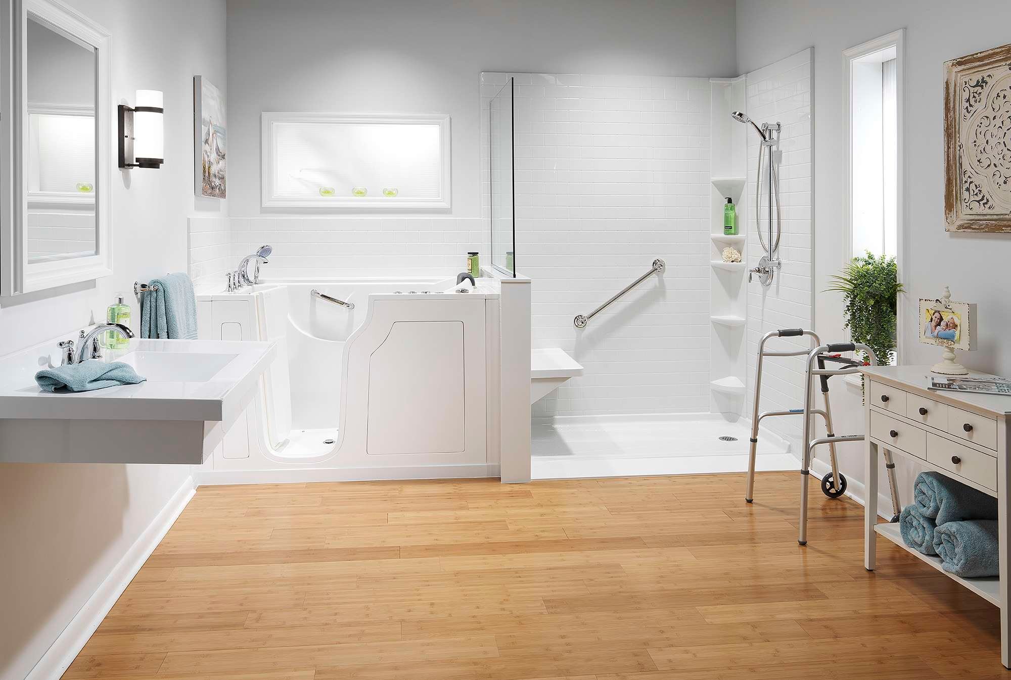 Aging-in-place bathroom remodel in Denver with walk-in tub, accessible shower, and safety grab bars