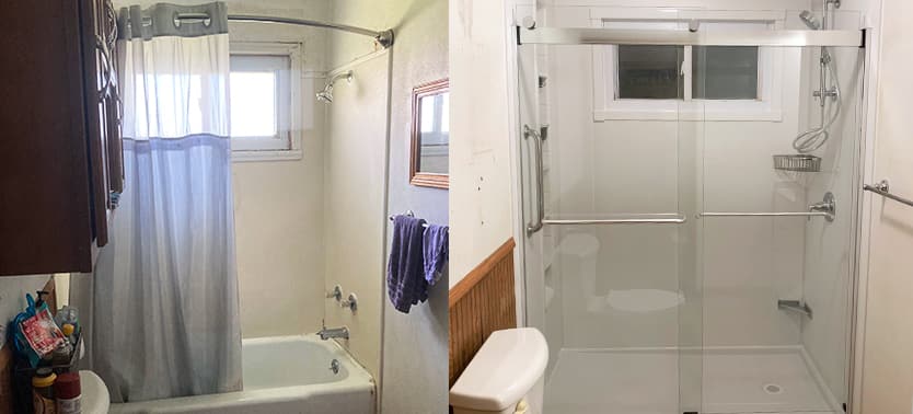Before and after tub-to-shower conversion remodel in Denver, Colorado with sliding glass doors
