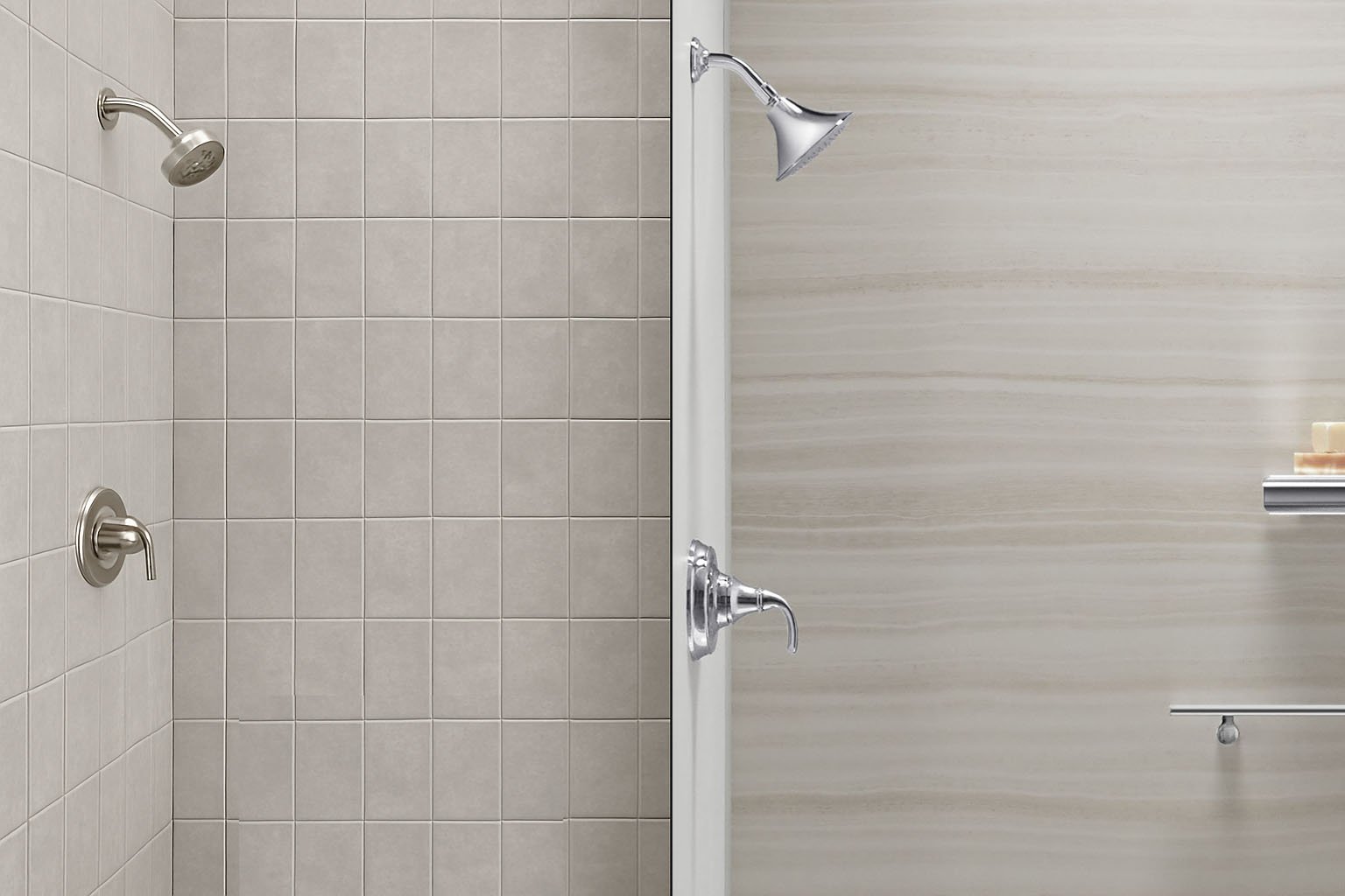 Side-by-side comparison of traditional shower tile and KOHLER LuxStone shower walls highlighting durability and style differences
