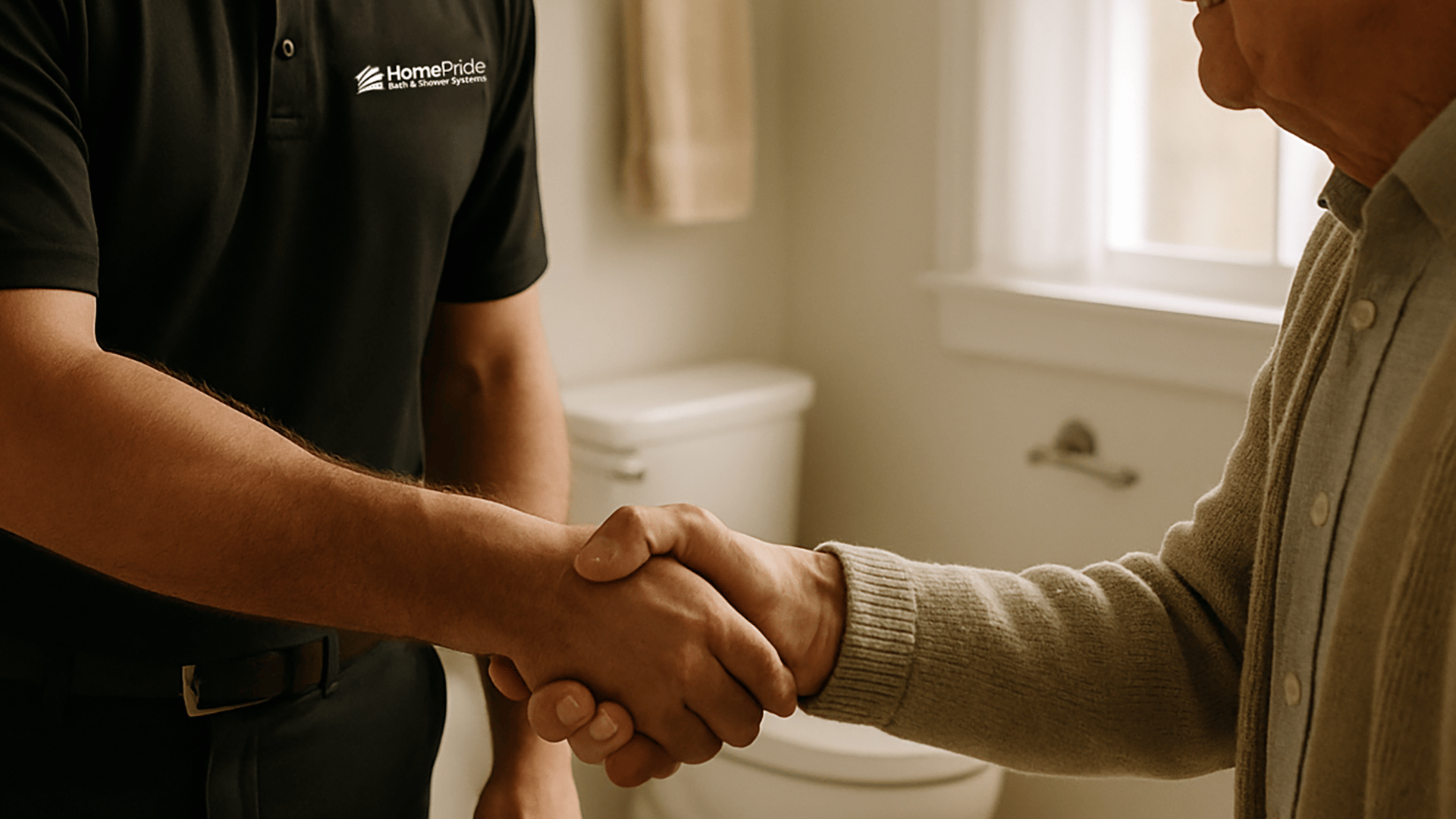 HomePride Bath technician reassuring a senior homeowner during a bathroom remodel, symbolizing trust, care, and the promise to make it right.