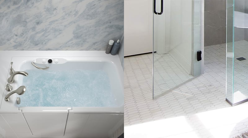 Side-by-side comparison of a walk-in tub and a curbless shower in a Colorado bathroom remodel designed for aging in place with safety and style