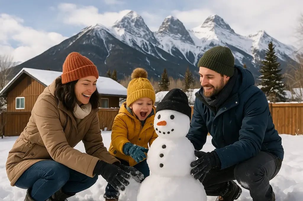 Family building a snowman in Colorado with mountain views in the background