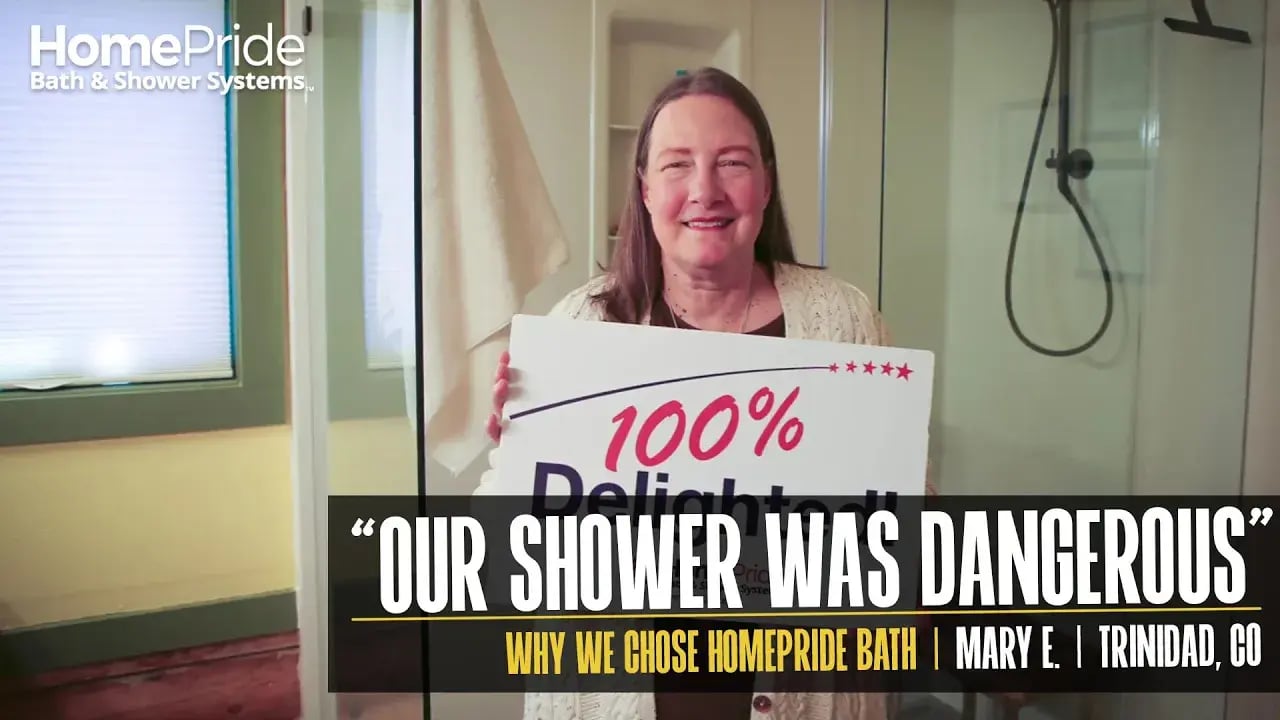 Mary Elder shares her walk-in shower testimonial after replacing a dangerous elevated shower in her Trinidad, Colorado home.