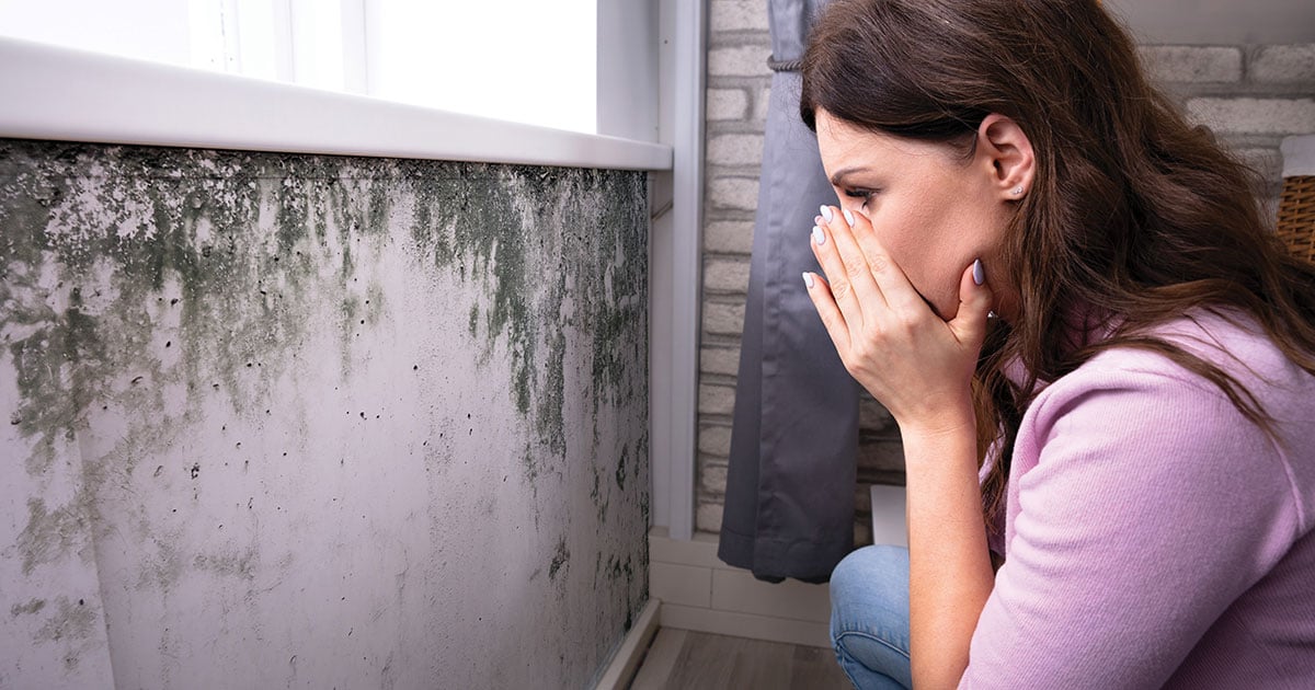 Concerned homeowner inspecting mold growth on an interior wall caused by excess moisture, highlighting common signs of mold, mildew, water damage, and indoor air quality issues.