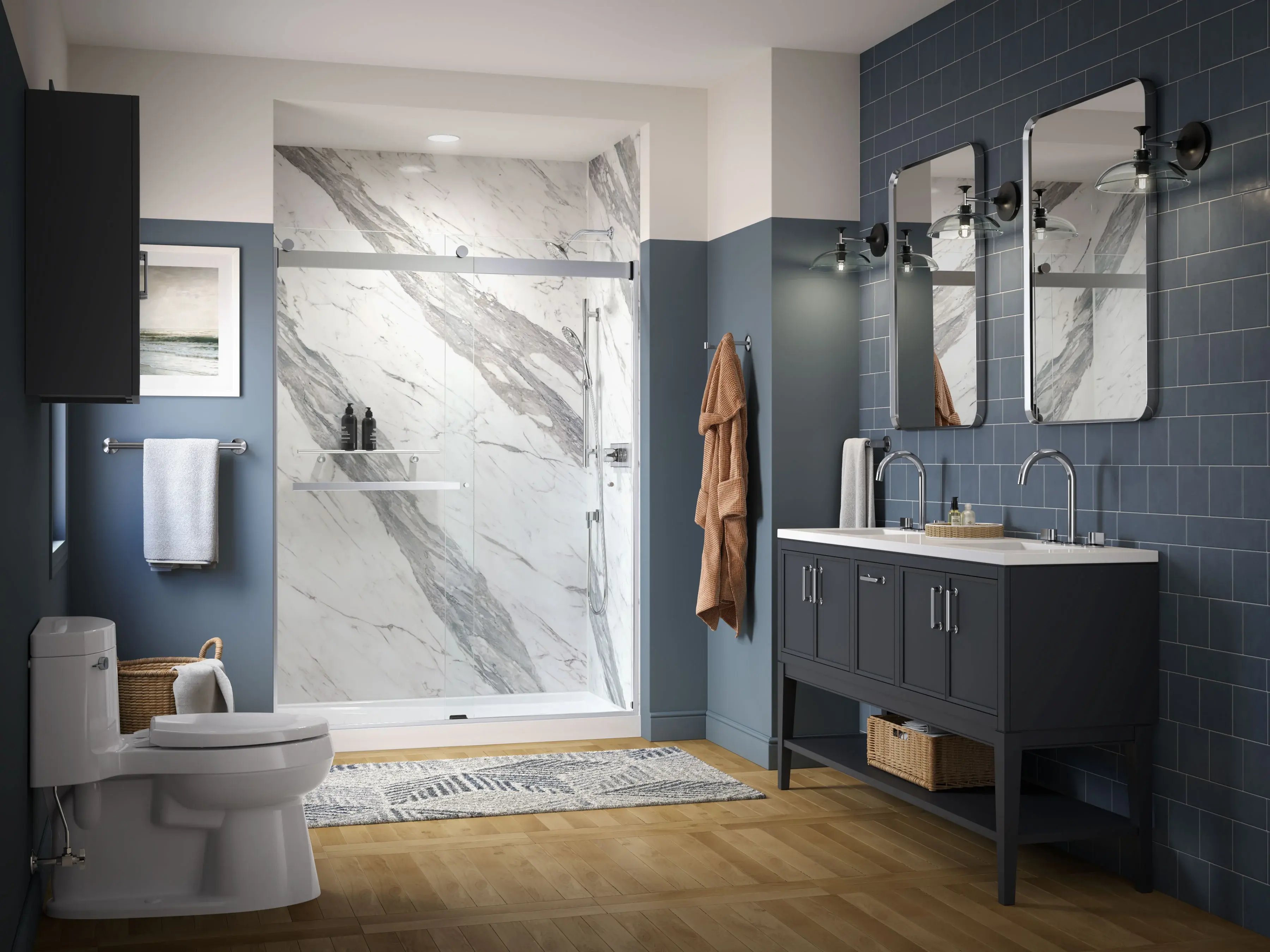 A bright, modern Colorado bathroom featuring a spacious walk-in shower with frameless glass, dual vanity, and natural light.
